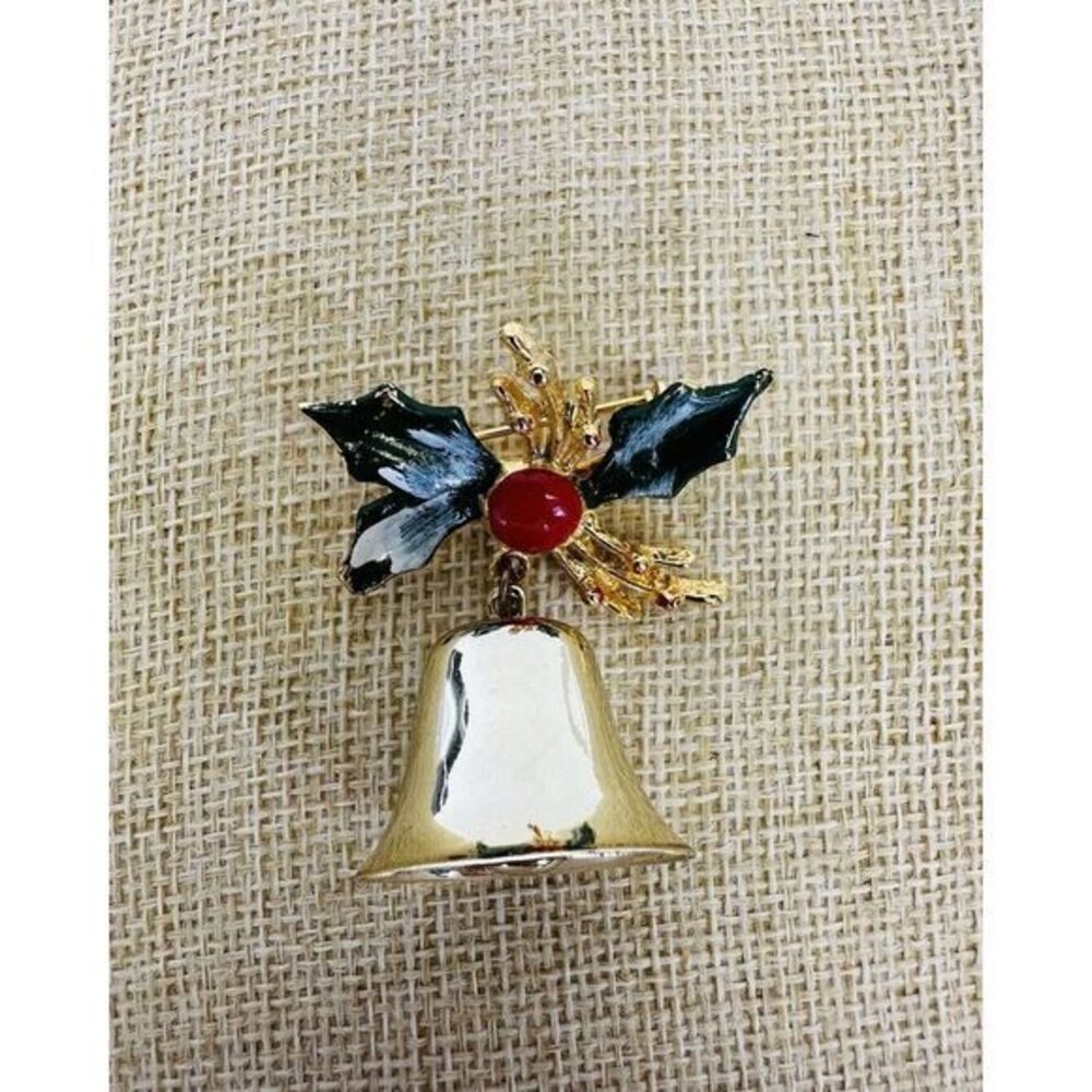 Christmas Holly & Bell Jingling Holiday Vintage Enamel Gold Brooch Pin